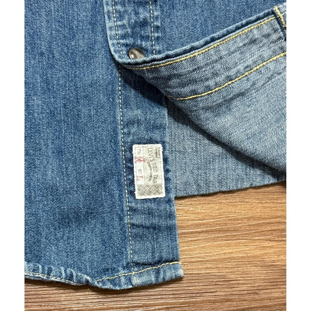 Levis Shorthorn Sawtooth Western Denim Shirt Medium Wash Pearl Snap Men's Sz XL